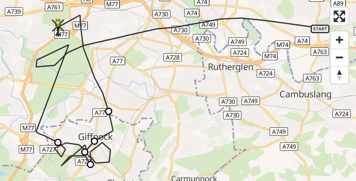 Flight route Police Helicopter Glasgow - Glasgow, 28 September 2026, 19:57