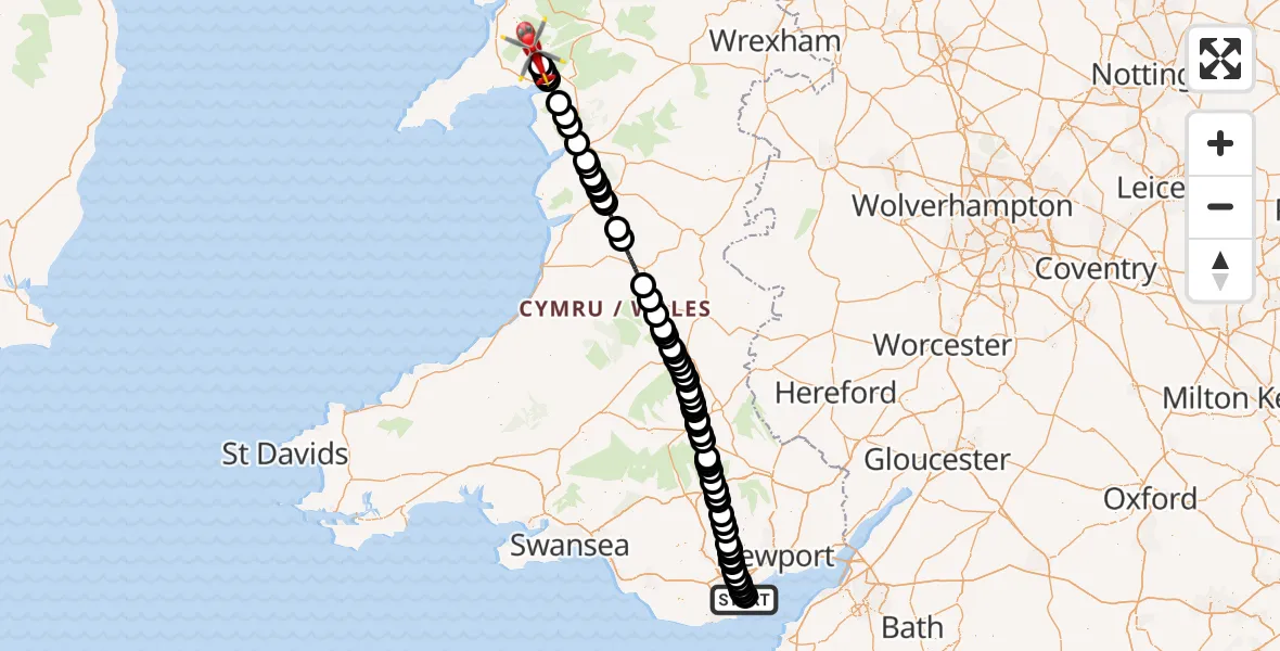 Flight route Air Ambulance Helicopter Cardiff Heliport - Nantmor, 28 September 2026, 19:59