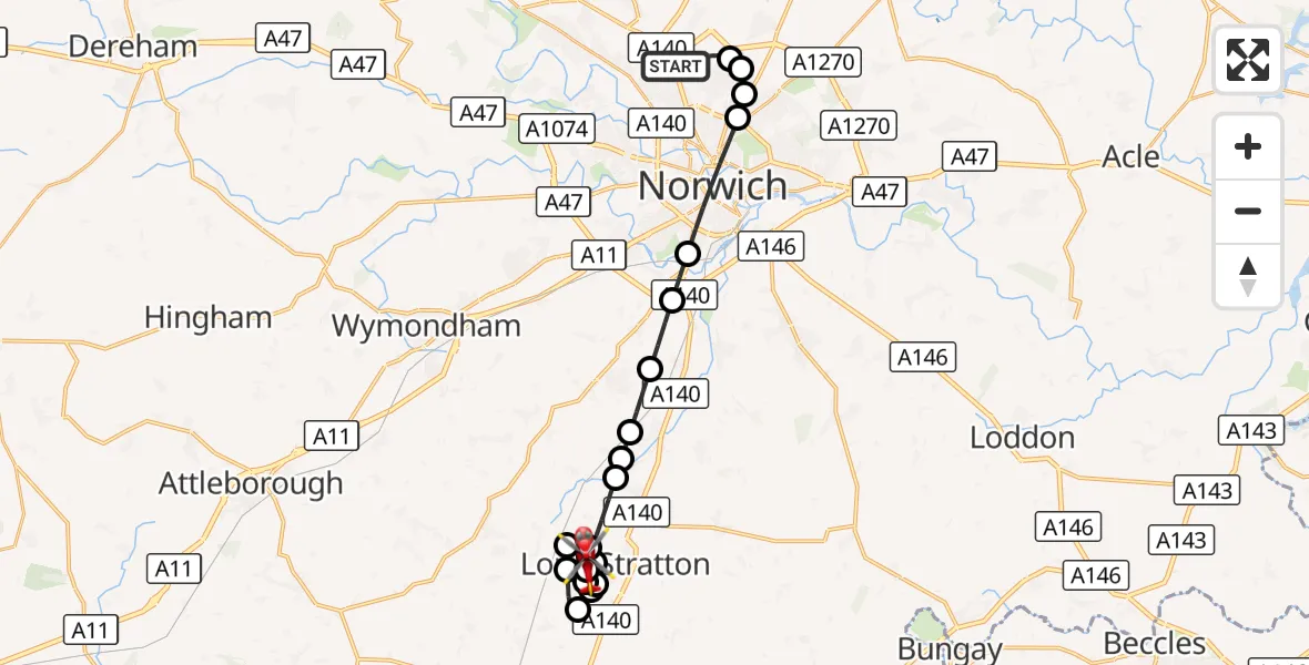 Flight route Air Ambulance Helicopter Norwich Airport - Long Stratton Airstrip, 28 September 2026, 20:12
