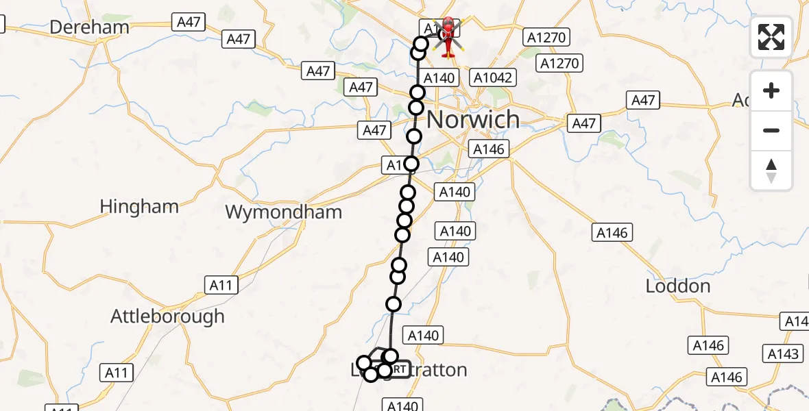 Flight route Air Ambulance Helicopter Long Stratton Airstrip - Norwich Airport, 28 September 2026, 20:29