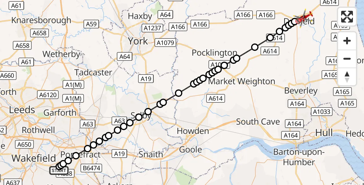Flight route Air Ambulance Helicopter YAA Nostell Helicopter Port - Driffield, 28 September 2026, 20:52