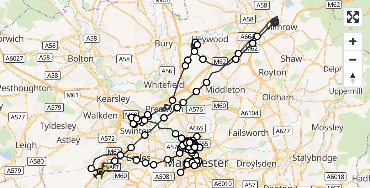 Flight route Police Helicopter Worsley - Manchester Barton Aerodrome, 28 September 2026, 21:00
