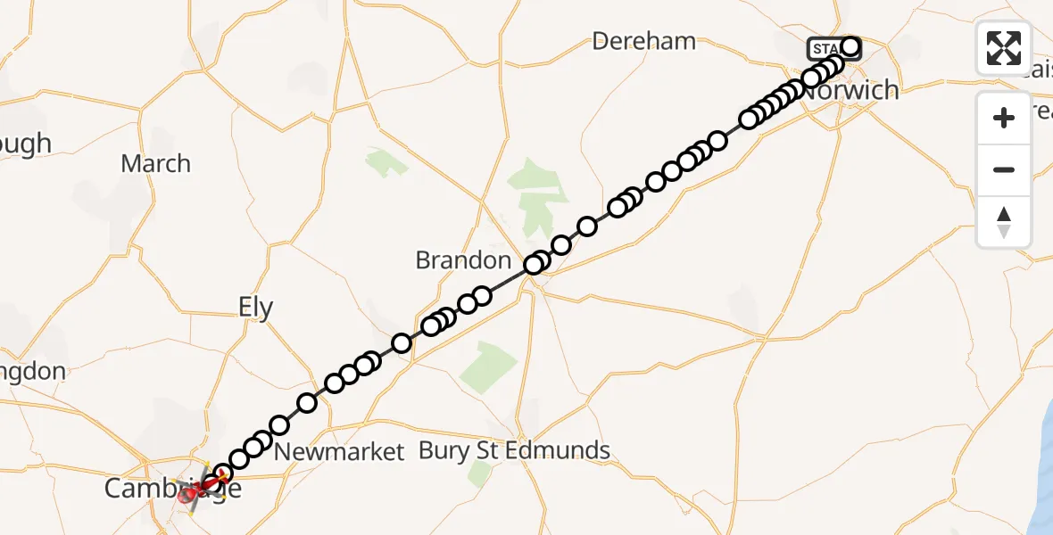 Flight route Air Ambulance Helicopter Norwich Airport - Cambridge City Airport, 28 September 2026, 21:07