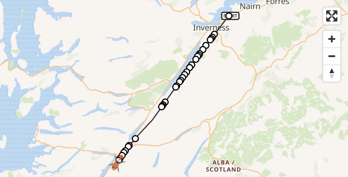 Flight route Coastguard Helicopter Inverness Airport - Glen Nevis, 28 September 2026, 21:15