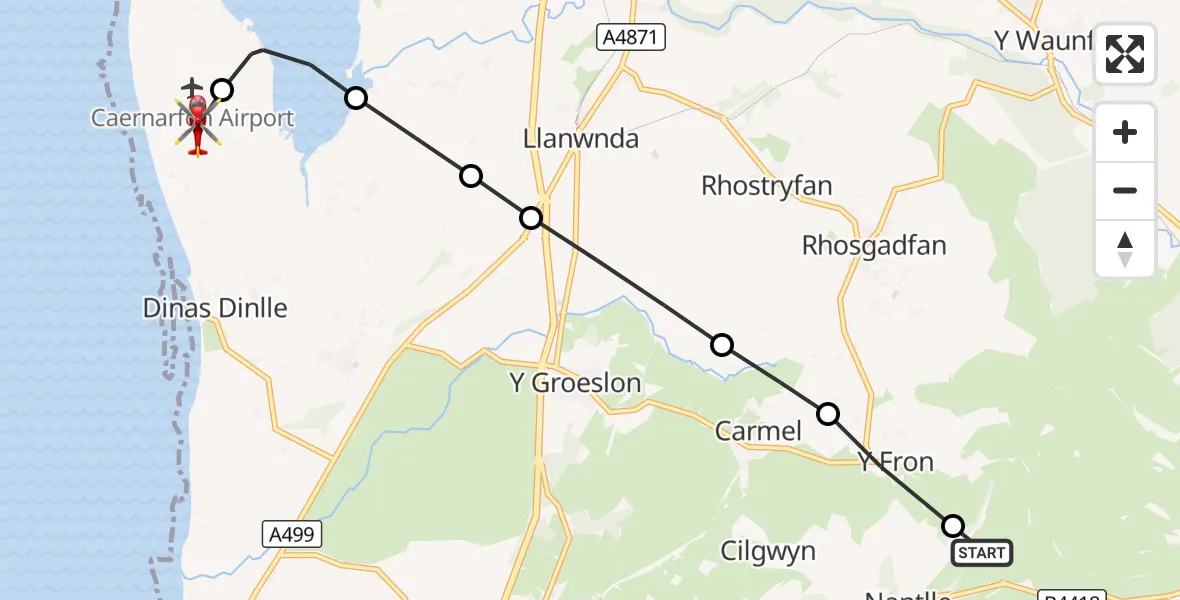 Flight route Air Ambulance Helicopter Nantlle - Caernarfon Airport, 28 September 2026, 21:41