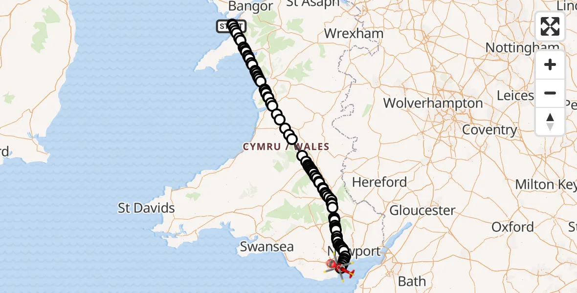 Flight route Air Ambulance Helicopter Caernarfon Airport - Cardiff Heliport, 28 September 2026, 22:02