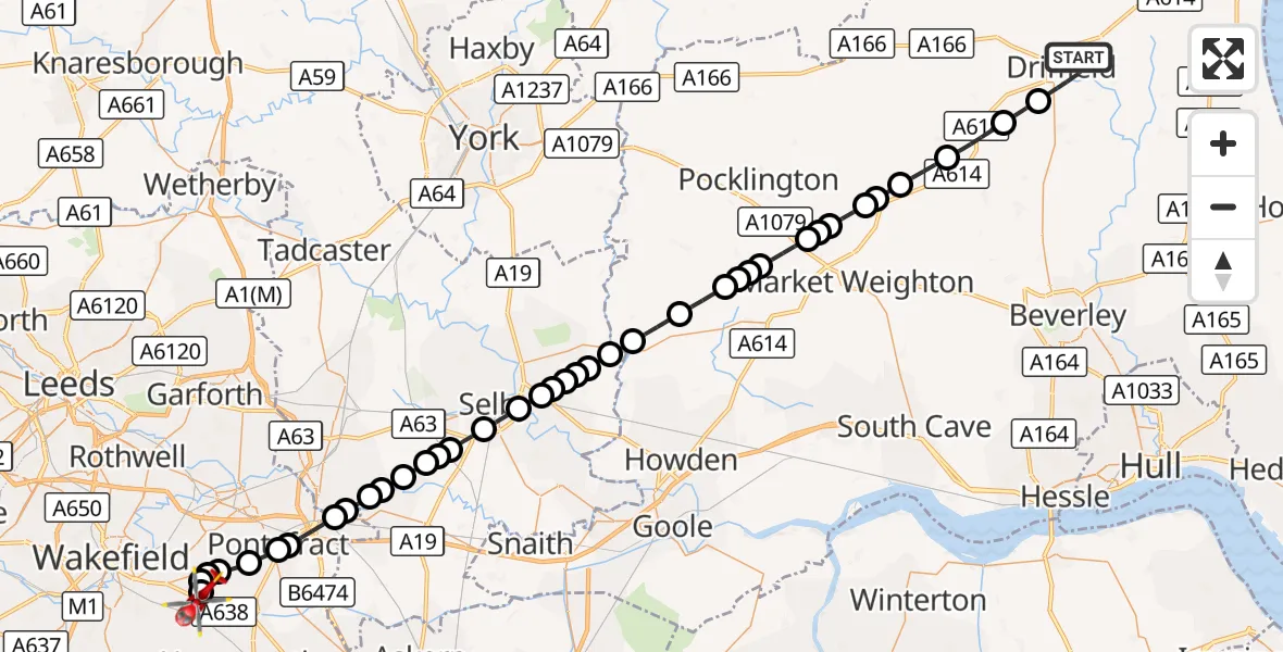 Flight route Air Ambulance Helicopter Driffield - YAA Nostell Helicopter Port, 28 September 2026, 22:11
