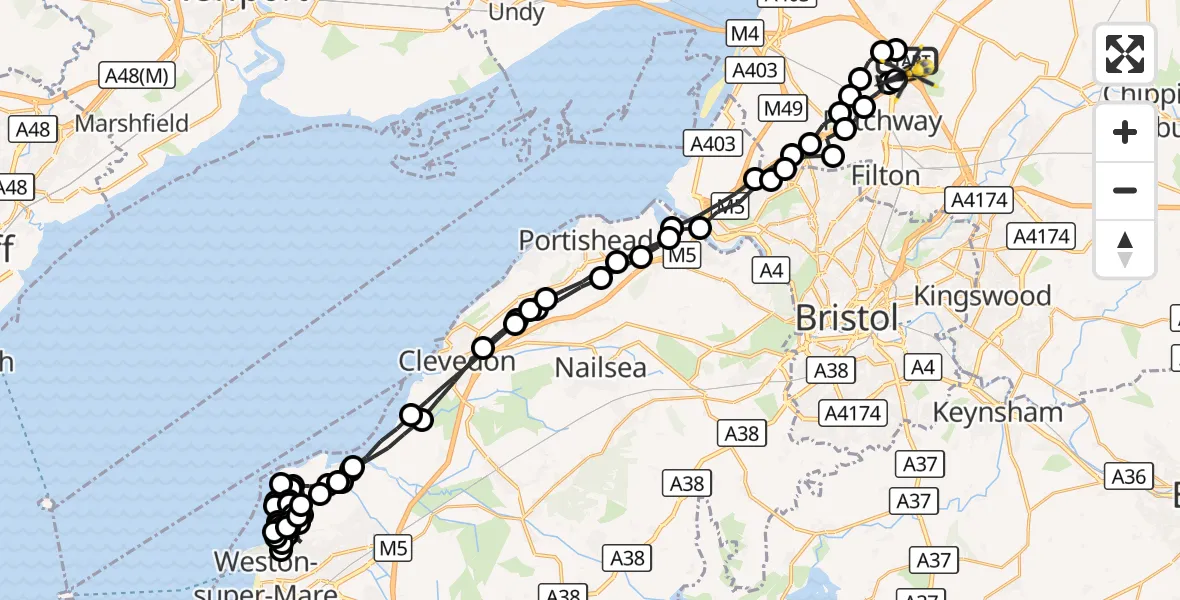 Flight route Police Helicopter Hortham - Almondsbury Helicopter Base, 29 September 2026, 00:59
