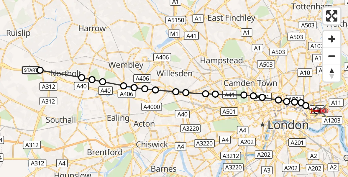 Flight route Air Ambulance Helicopter RAF Northolt - Royal London Hospital, 29 September 2026, 08:03