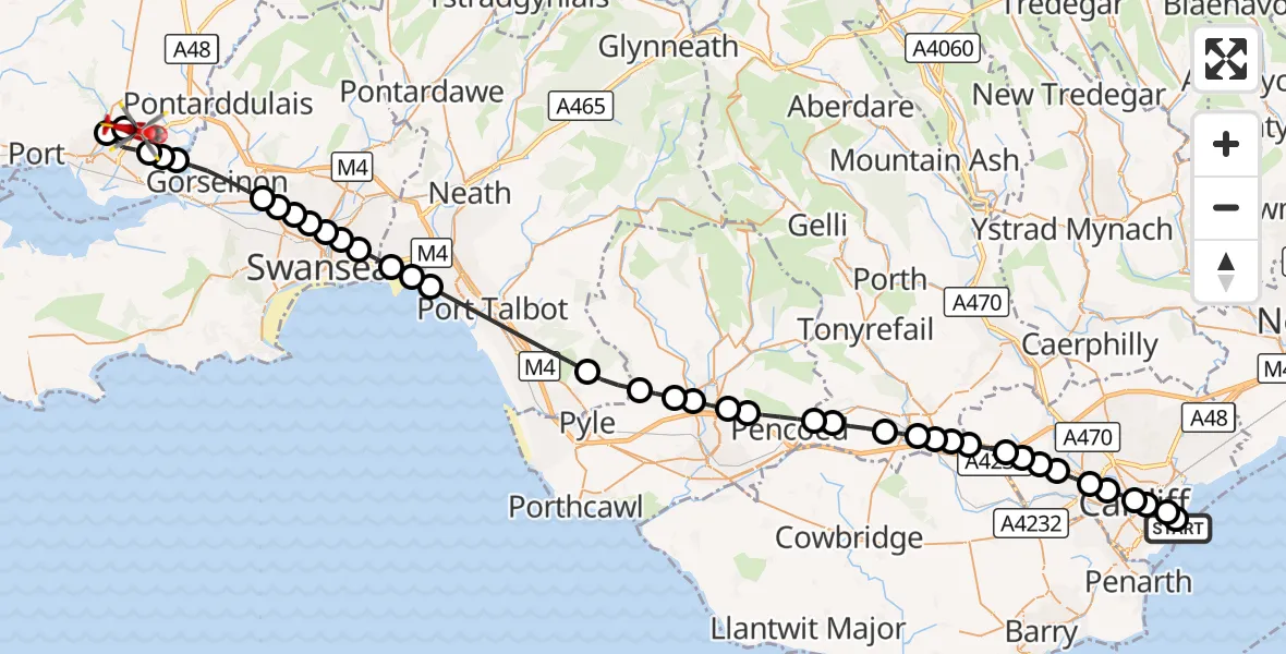 Flight route Air Ambulance Helicopter Cardiff Heliport - Dafen, 29 September 2026, 09:42