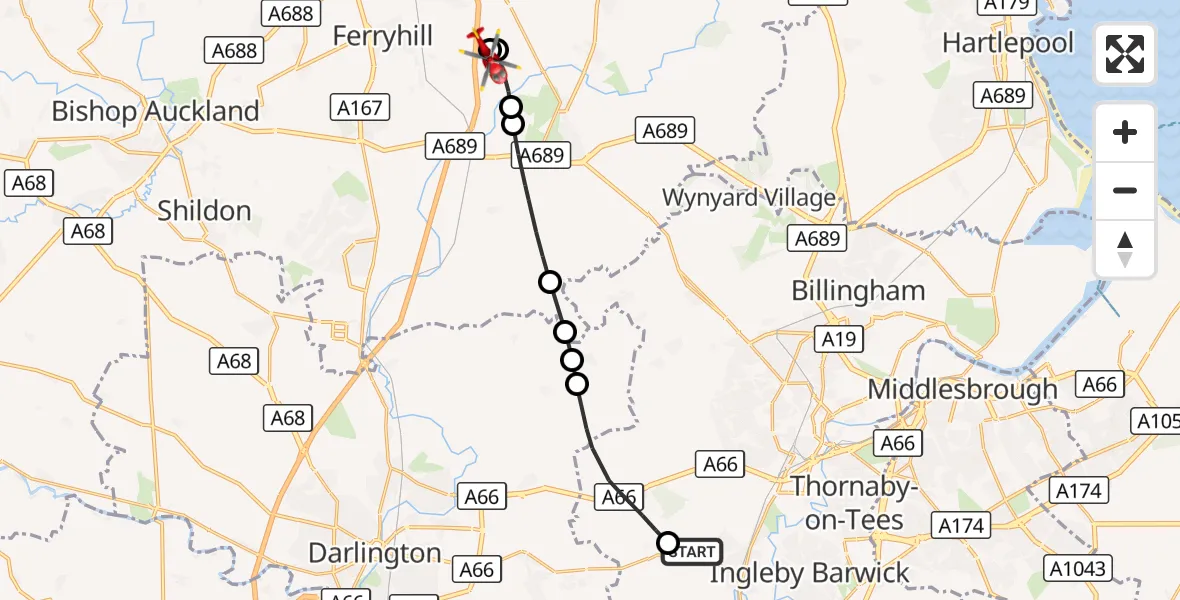 Flight route Air Ambulance Helicopter Egglescliffe - Bishop Middleham, 29 September 2026, 09:49