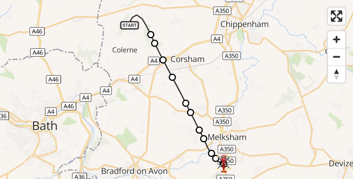 Flight route Air Ambulance Helicopter Colerne - Wiltshire Air Ambulance, 29 September 2026, 10:15