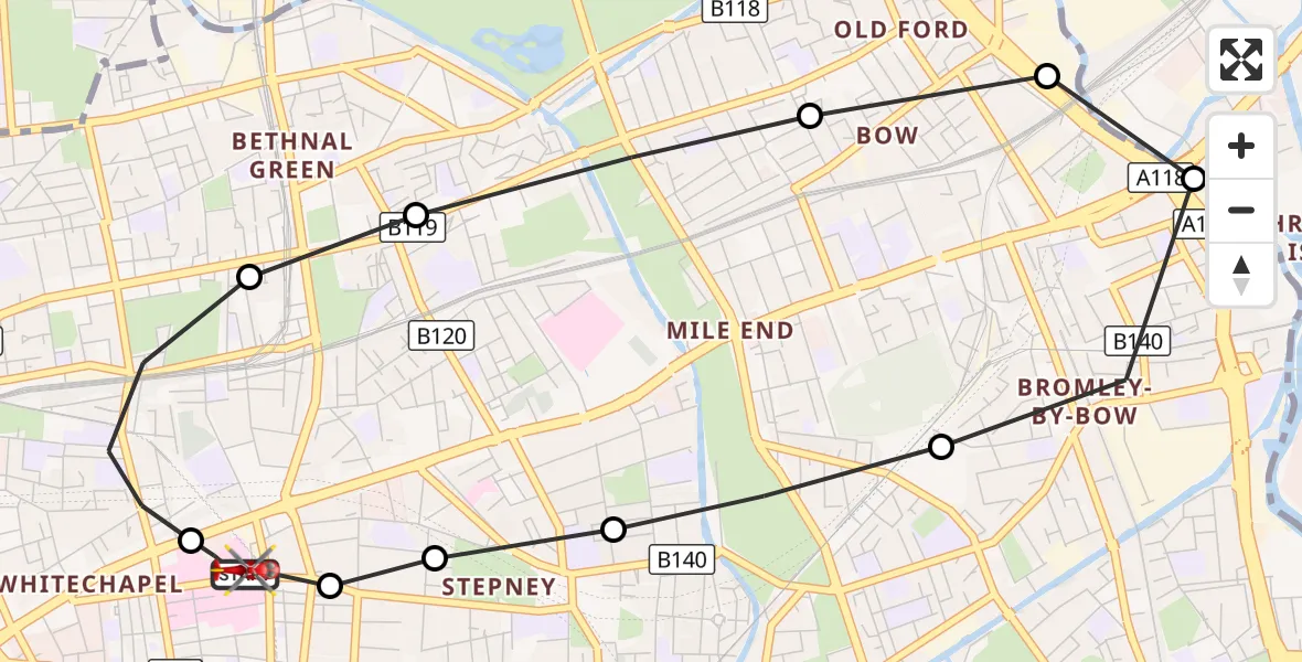 Flight route Air Ambulance Helicopter Royal London Hospital - Royal London Hospital, 29 September 2026, 10:23