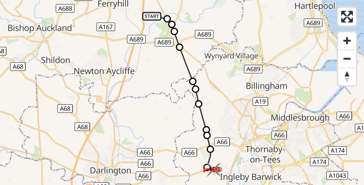 Flight route Air Ambulance Helicopter Bishop Middleham - Egglescliffe, 29 September 2026, 10:28