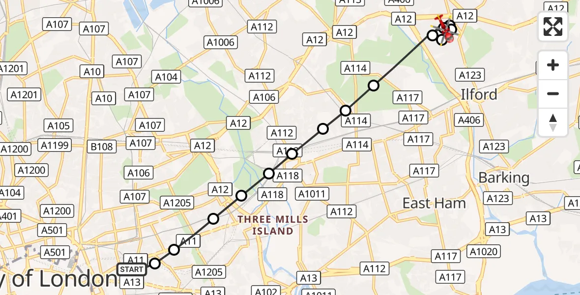 Flight route Air Ambulance Helicopter Royal London Hospital - Gants Hill, 29 September 2026, 10:34