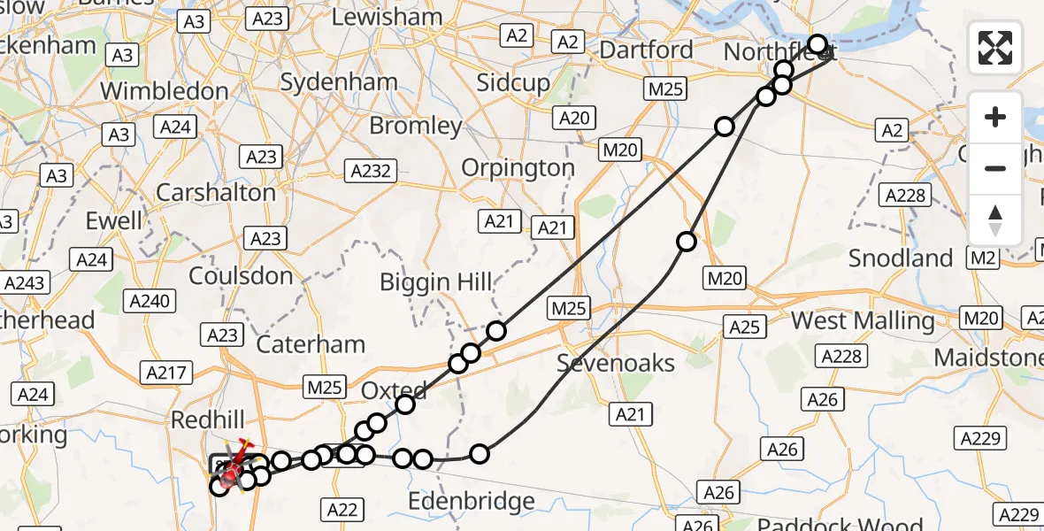 Flight route Air Ambulance Helicopter Redhill Aerodrome - Redhill Aerodrome, 29 September 2026, 10:56