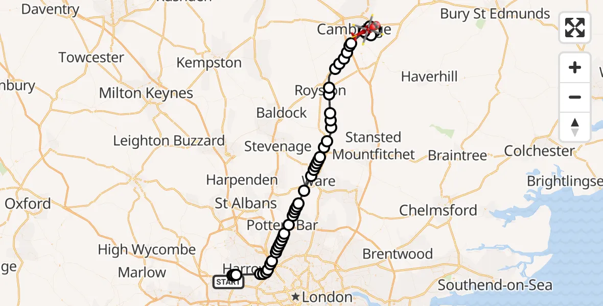 Flight route Air Ambulance Helicopter RAF Northolt - Cambridge City Airport, 29 September 2026, 11:04