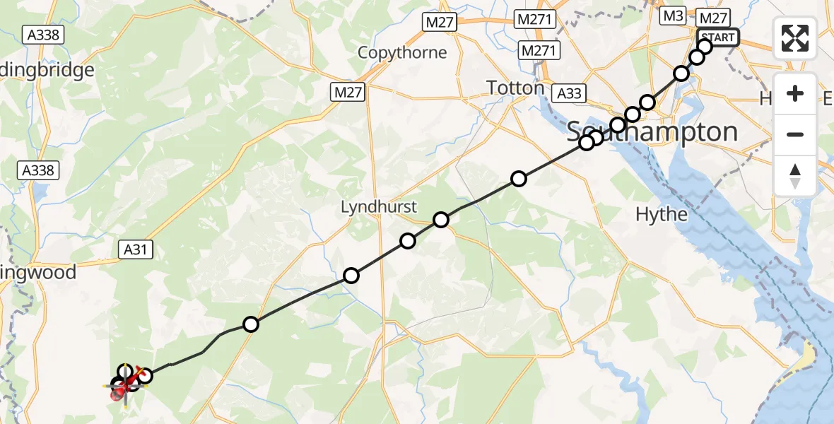 Flight route Air Ambulance Helicopter Southampton Airport - Bransgore, 29 September 2026, 11:19