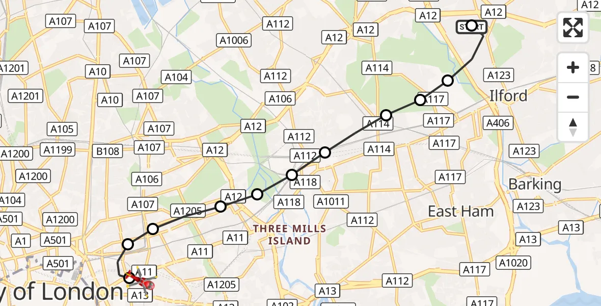 Flight route Air Ambulance Helicopter Redbridge - Royal London Hospital, 29 September 2026, 11:37