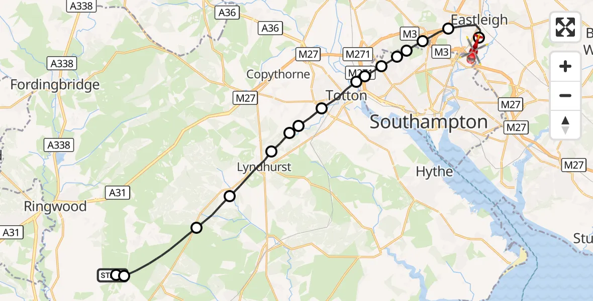 Flight route Air Ambulance Helicopter New Forest - Southampton Airport, 29 September 2026, 12:03