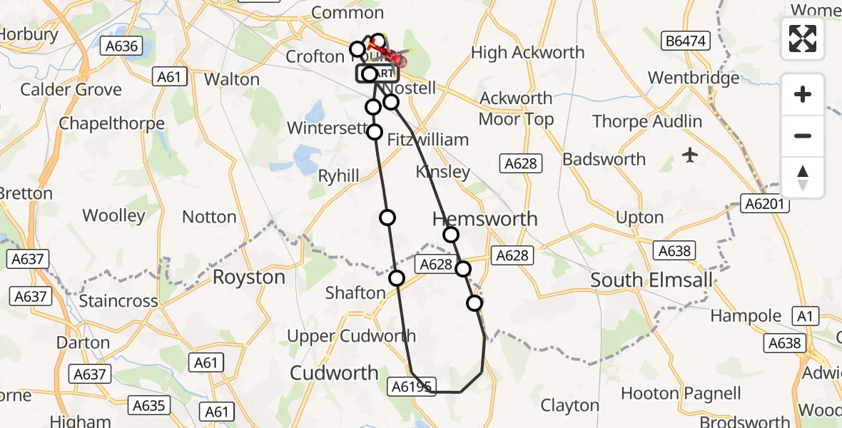Flight route Air Ambulance Helicopter Foulby - YAA Nostell Helicopter Port, 29 September 2026, 12:20