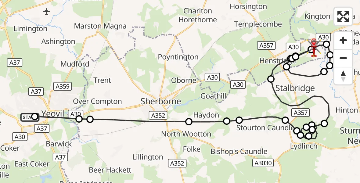 Flight route Air Ambulance Helicopter Yeovil/Westland Aerodrome - Henstridge Airfield, 29 September 2026, 12:25