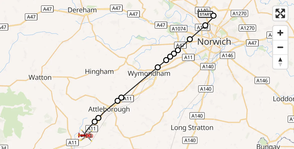 Flight route Air Ambulance Helicopter Norwich Airport - Snetterton, 29 September 2026, 12:34