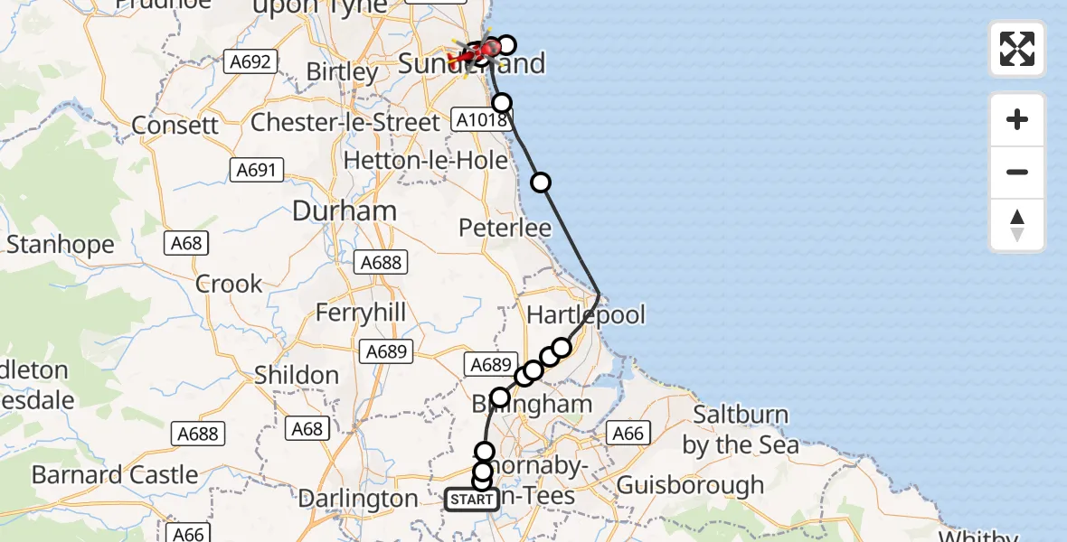 Flight route Air Ambulance Helicopter Egglescliffe - Monkwearmouth, 29 September 2026, 12:35