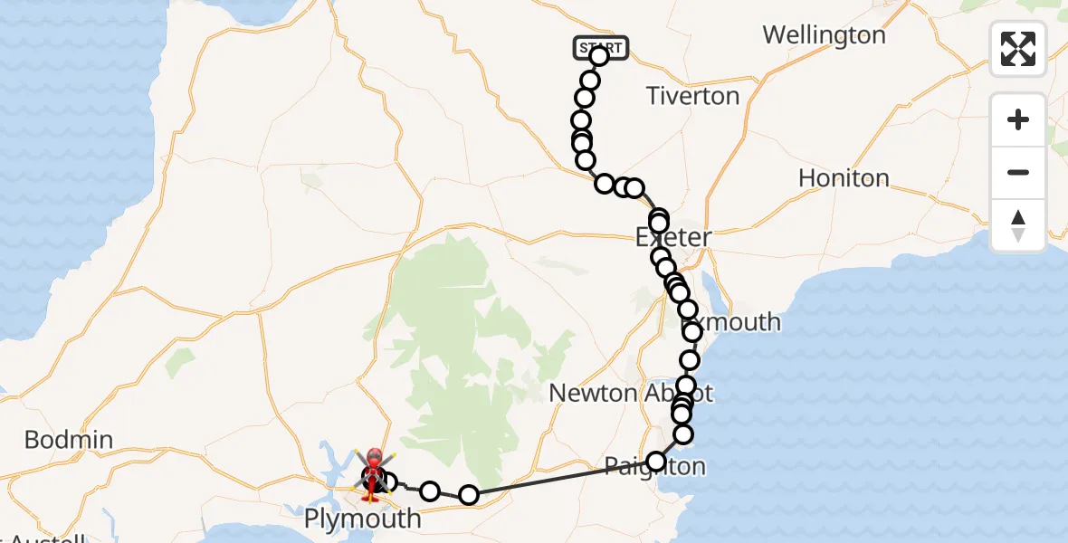 Flight route Air Ambulance Helicopter Rackenford - Southway, 29 September 2026, 12:40