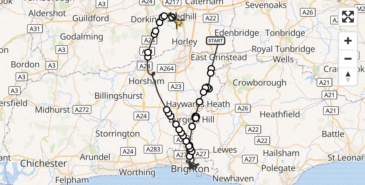 Flight route Police Helicopter Lingfield - Reigate, 29 September 2026, 12:48
