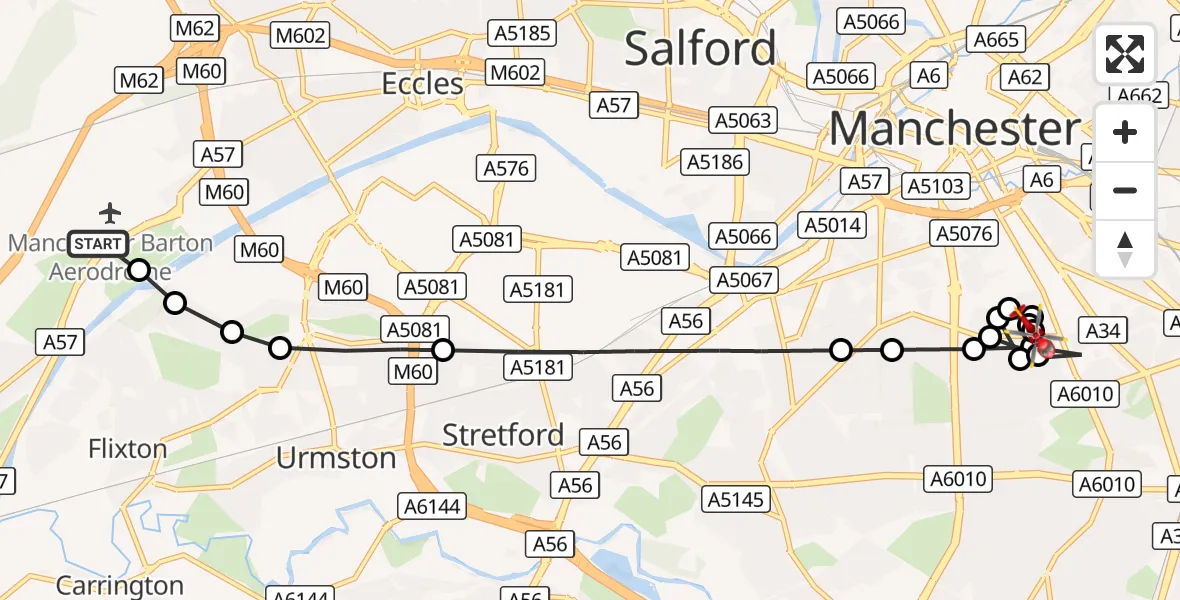 Flight route Air Ambulance Helicopter Manchester Barton Aerodrome - Rusholme, 29 September 2026, 12:53