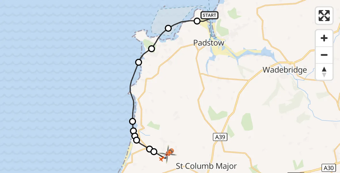 Flight route Coastguard Helicopter Trebetherick - Cornwall Airport Newquay, 29 September 2026, 13:16