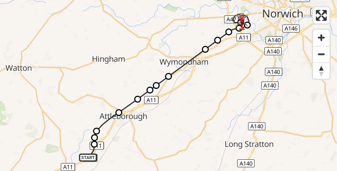 Flight route Air Ambulance Helicopter Snetterton - Norfolk & Norwich Hospital, 29 September 2026, 13:19