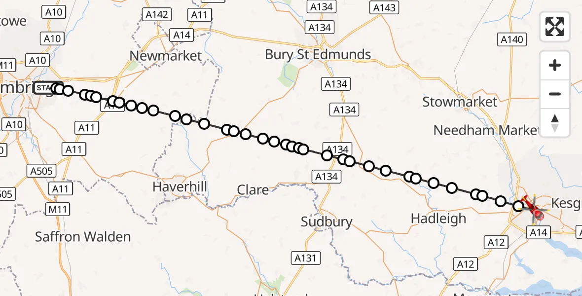 Flight route Air Ambulance Helicopter Cambridge City Airport - Ipswich, 29 September 2026, 13:25