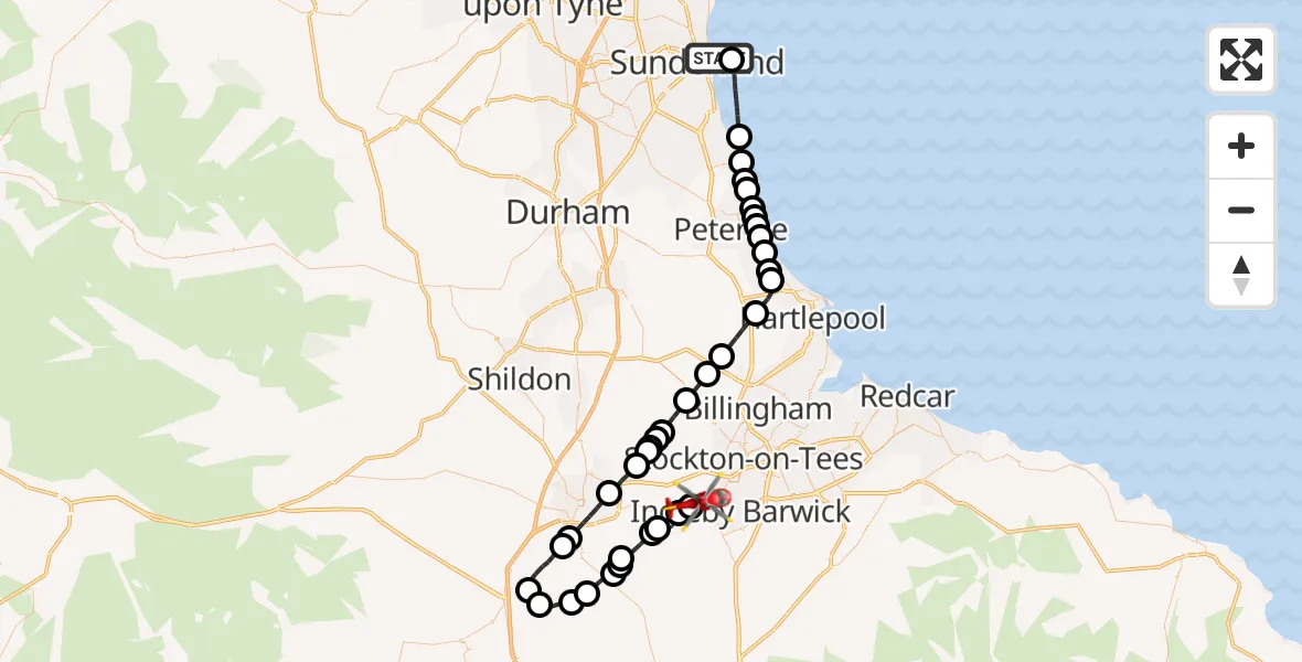 Flight route Air Ambulance Helicopter Sunderland - Egglescliffe, 29 September 2026, 13:42