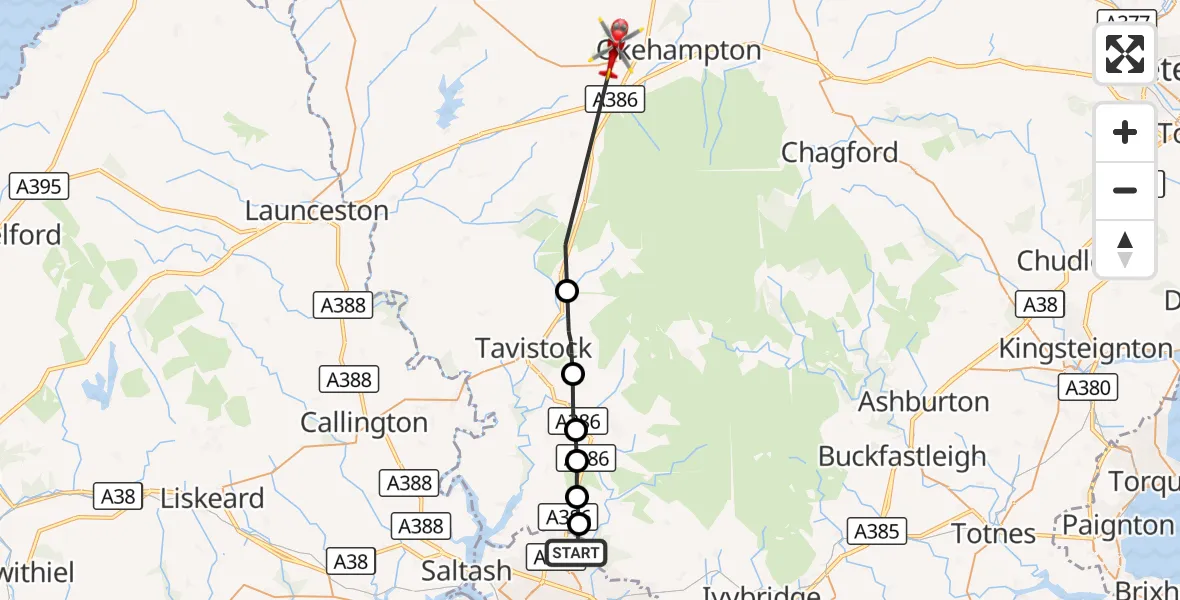 Flight route Air Ambulance Helicopter Glenholt - West Devon, 29 September 2026, 13:51