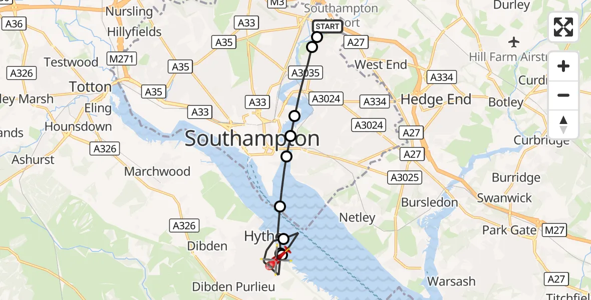 Flight route Air Ambulance Helicopter Southampton Airport - Hythe, 29 September 2026, 13:54