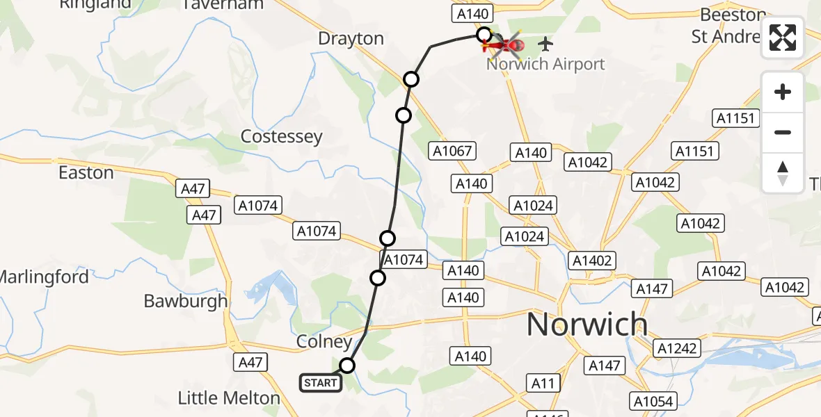 Flight route Air Ambulance Helicopter Norfolk & Norwich Hospital - Norwich Airport, 29 September 2026, 14:08