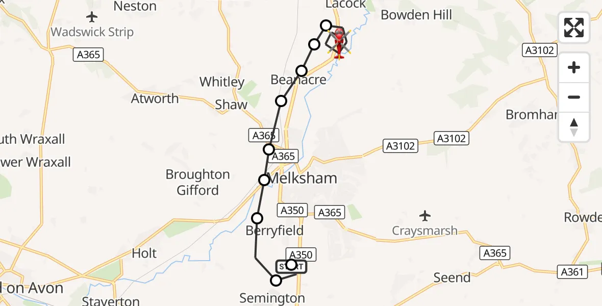 Flight route Air Ambulance Helicopter Wiltshire Air Ambulance - Lacock, 29 September 2026, 14:11
