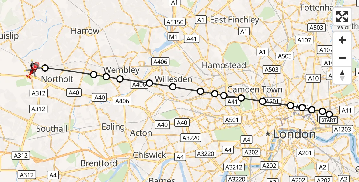 Flight route Air Ambulance Helicopter Royal London Hospital - Hillingdon, 29 September 2026, 14:13