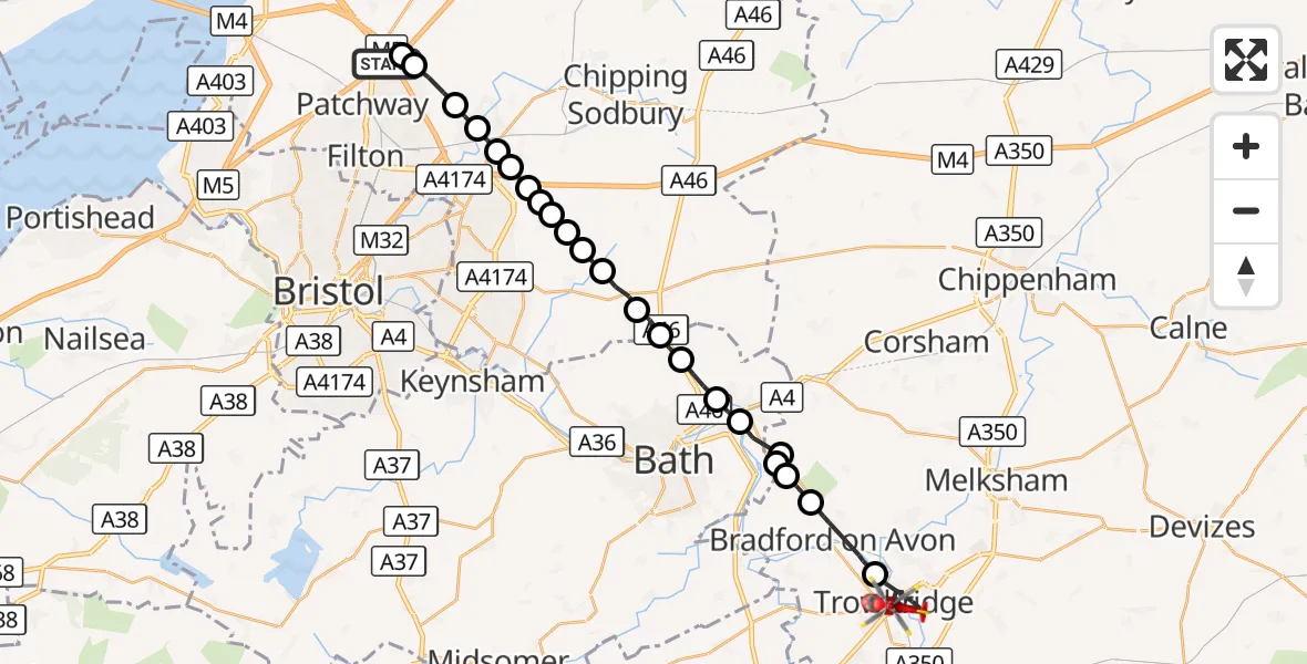 Flight route Air Ambulance Helicopter Almondsbury Helicopter Base - Trowbridge, 29 September 2026, 14:25