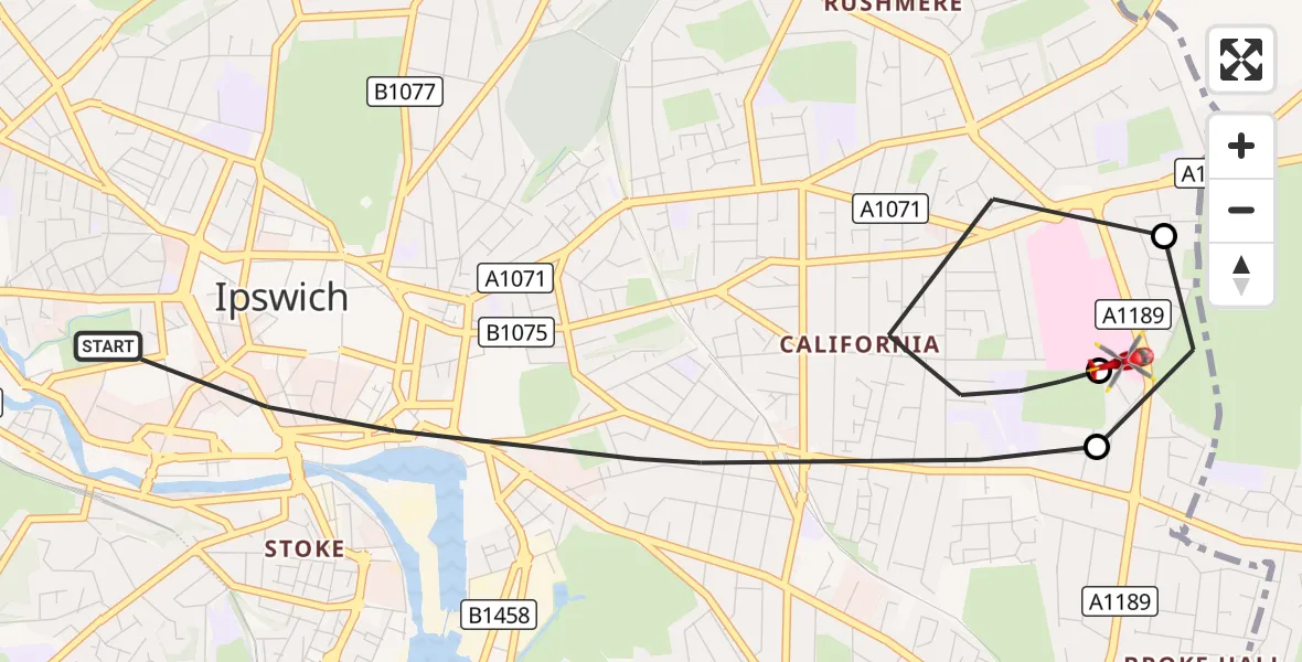Flight route Air Ambulance Helicopter Ipswich - Rushmere St Andrew, 29 September 2026, 14:26