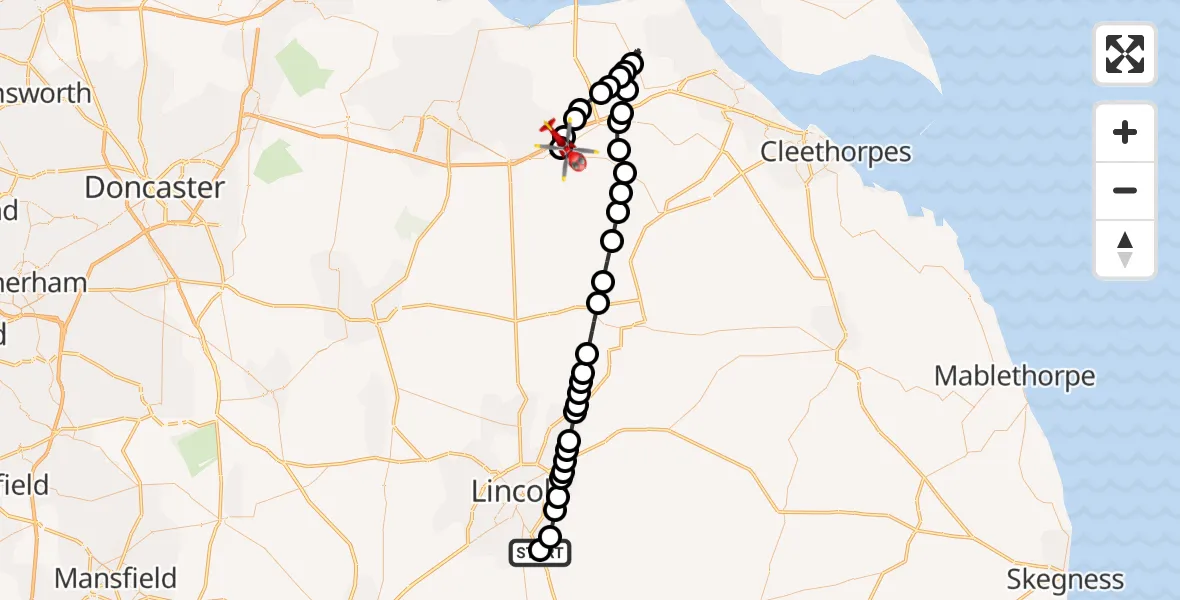 Flight route Air Ambulance Helicopter RAF Waddington - Brigg, 29 September 2026, 14:51