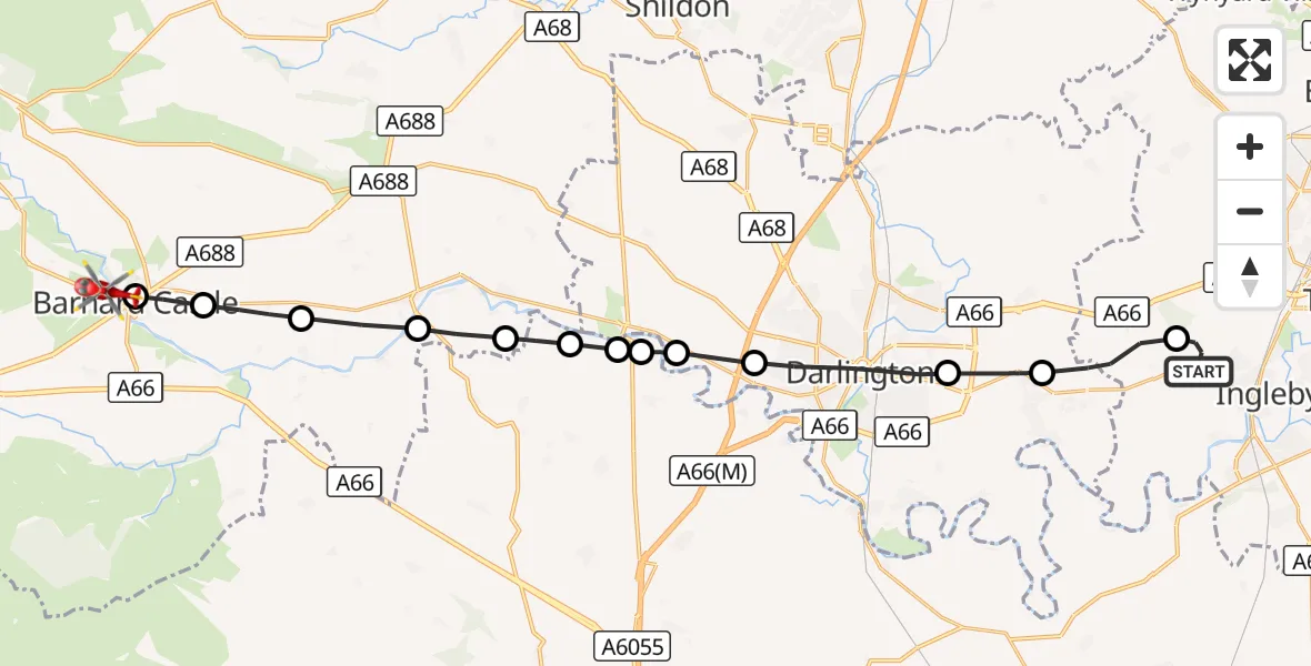 Flight route Air Ambulance Helicopter Egglescliffe - Lartington, 29 September 2026, 14:52