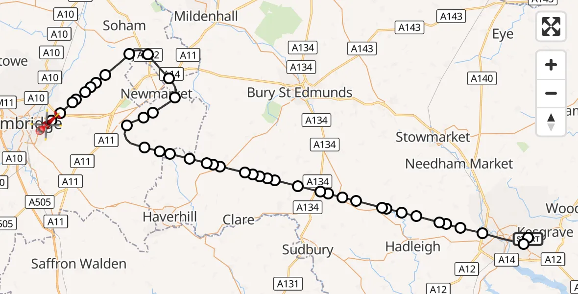 Flight route Air Ambulance Helicopter Ipswich Hospital - Cambridge City Airport, 29 September 2026, 14:59