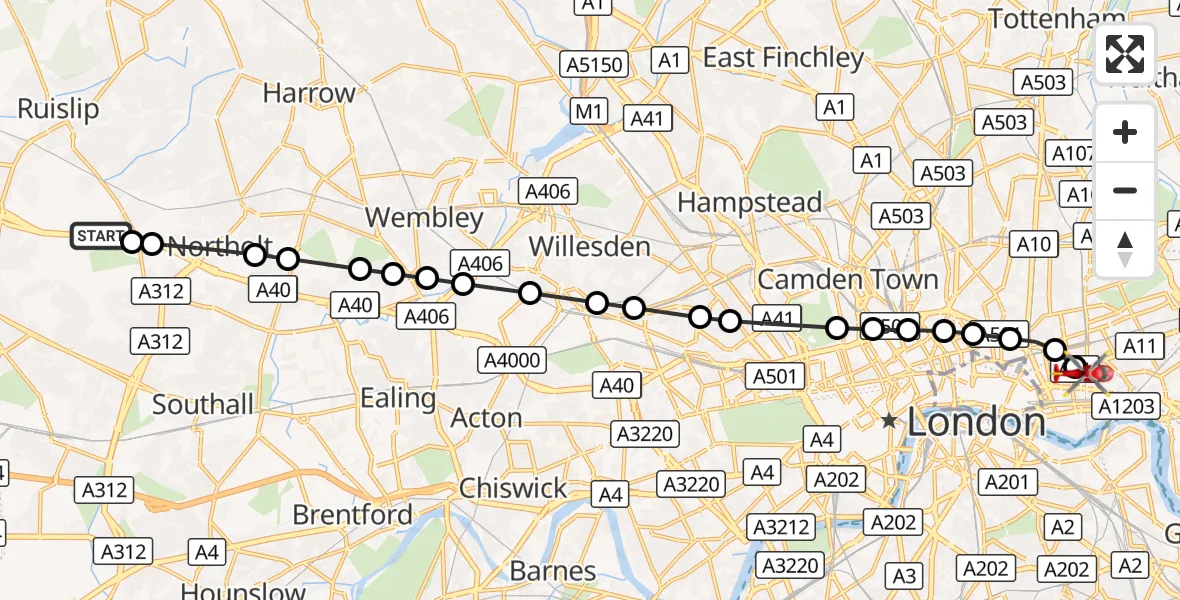 Flight route Air Ambulance Helicopter RAF Northolt - Royal London Hospital, 29 September 2026, 15:11