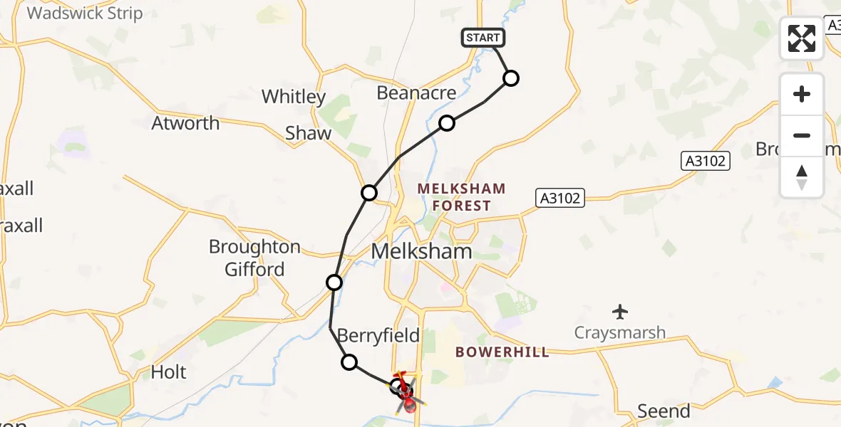 Flight route Air Ambulance Helicopter Lacock - Wiltshire Air Ambulance, 29 September 2026, 15:14