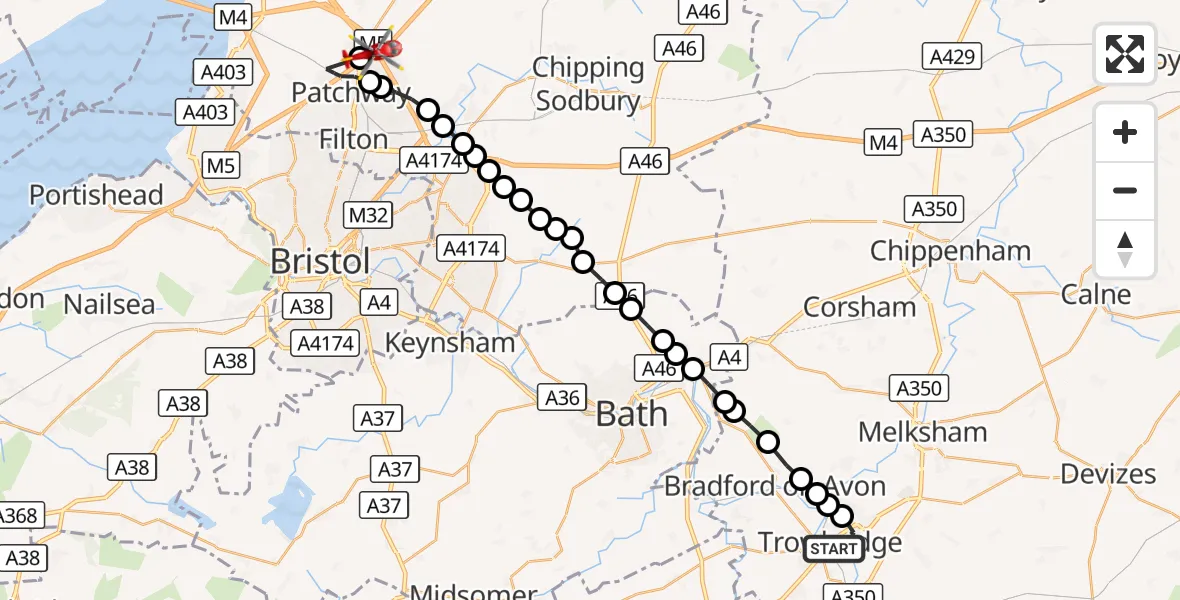 Flight route Air Ambulance Helicopter Trowbridge - Almondsbury Helicopter Base, 29 September 2026, 15:23