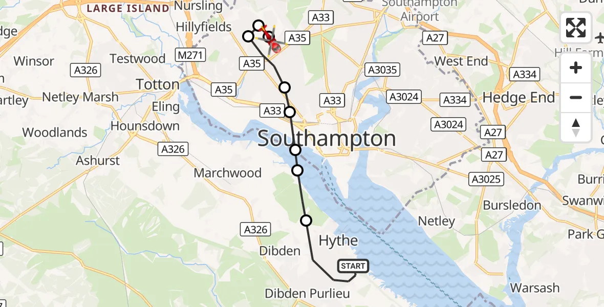 Flight route Air Ambulance Helicopter Hythe - University Hospital Southampton, 29 September 2026, 15:39