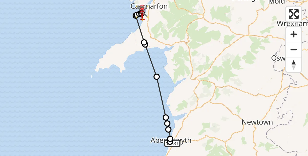 Flight route Air Ambulance Helicopter Penparcau - Caernarfon Airport, 29 September 2026, 16:00